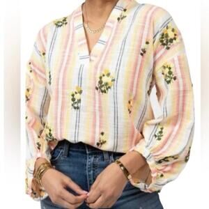 IVY JANE Popping With Flowers Popover Tunic Embroidered Striped Boho - Sz XS